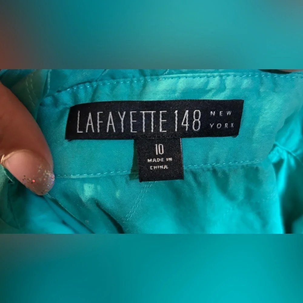 Lafayette 148 New York Teal Textured Button-Up Blouse Size 10 - Picture 8 of 8